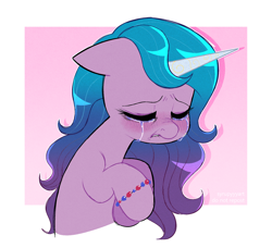 Size: 2120x1934 | Tagged: safe, artist:syrupyyy, imported from derpibooru, izzy moonbow, pony, unicorn, abstract background, blushing, bracelet, crying, eyes closed, female, floppy ears, frown, g5, high res, horn, izzy moodbow, jewelry, mare, my little pony: a new generation, sad, solo, teary eyes, teeth