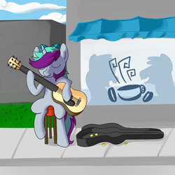 Size: 2000x2000 | Tagged: safe, artist:anonymous, imported from derpibooru, pony, unicorn, busking, cafe, coin, drawthread, eyes closed, guitar, hoof hold, horn, left handed, musical instrument, outdoors, requested art, sitting, solo, stool, window