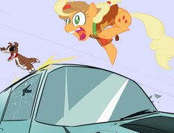 Size: 1300x1000 | Tagged: safe, artist:silence, color edit, edit, imported from derpibooru, applejack, gummy, pinkie pie, winona, broken glass, car, clothes, colored, drawthread, fusion, gunshot, jumping, open mouth, requested art, smiling, van, wat