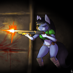 Size: 1900x1900 | Tagged: safe, artist:korpkat, imported from derpibooru, oc, oc:shainer shrapnel shock, anthro, unicorn, aiming, armor, blood, dark, doom, doom equestria, equestria doom, female, gun, horn, mare, shotgun, solo, tail, weapon