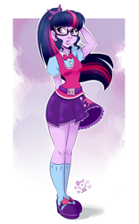 Size: 1500x2400 | Tagged: safe, artist:ponut_joe, imported from derpibooru, sci-twi, twilight sparkle, equestria girls, beautiful, belt, bowtie, clothes, cute, female, glasses, legs, mary janes, moe, ponytail, sci-twi outfits, shoes, skirt, skirt lift, socks, solo, twiabetes, vest