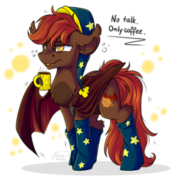 Size: 2900x2944 | Tagged: safe, artist:julunis14, imported from derpibooru, oc, oc only, oc:zack whitefang, bat pony, pony, bat pony oc, bat wings, chest fluff, clothes, cute, cute little fangs, ear fluff, fangs, hat, leg fluff, male, morning ponies, mug, nightcap, one wing out, simple background, slit pupils, socks, solo, stallion, tongue out, white background, wing hands, wings