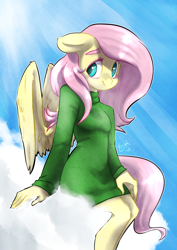 Size: 2480x3507 | Tagged: safe, artist:lizzyoli-ravioli, imported from derpibooru, fluttershy, anthro, clothes, cloud, female, smiling, solo, sweater, sweatershy