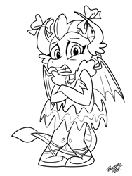 Size: 902x1198 | Tagged: safe, artist:lilifox, imported from derpibooru, smolder, dragon, ballerina, ballet, ballet slippers, bow, clothes, crossed arms, cute, embarrassed, gritted teeth, legs together, ribbon, smolder also dresses in style, smolderbetes, smolderina, smoler, teeth, tutu