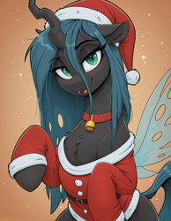 Size: 1344x1728 | Tagged: safe, imported from twibooru, queen chrysalis, changeling, changeling queen, abstract background, ai content, ai generated, bell, bell collar, blushing, chest fluff, christmas, clothes, collar, costume, dock, fangs, female, gradient background, hat, holiday, image, lidded eyes, looking at you, open mouth, open smile, png, prompter:ramprover, santa costume, santa hat, smiling, smiling at you, solo, upper body