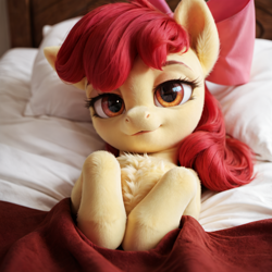 Size: 1536x1536 | Tagged: prompter needed, safe, imported from twibooru, apple bloom, earth pony, pony, adorabloom, ai content, ai generated, bed, bedsheets, chest fluff, close-up, cute, female, filly, foal, generator:pony realism 2.1, generator:stable diffusion, image, indoors, lidded eyes, lying on bed, on back, on bed, pillow, png, realistic, smiling at you, solo