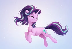 Size: 2104x1440 | Tagged: safe, imported from twibooru, starlight glimmer, pony, unicorn, ai content, ai generated, eyes closed, female, full body, generator:zoinksnoob, gradient background, happy, horn, image, mare, midair, needs more jpeg, prompter:siber, smiling, solo, solo female