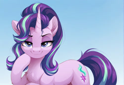 Size: 2104x1440 | Tagged: safe, imported from twibooru, starlight glimmer, pony, unicorn, ai content, ai generated, female, generator:zoinksnoob, gradient background, hoof on chin, horn, image, lidded eyes, looking at you, mare, needs more jpeg, prompter:siber, smug, smuglight glimmer, solo