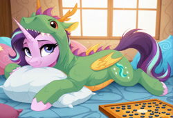 Size: 2104x1440 | Tagged: safe, imported from twibooru, starlight glimmer, pony, unicorn, ai content, ai generated, animal costume, bed, board game, clothes, costume, cute, female, generator:zoinksnoob, horn, image, indoors, looking at you, mare, needs more jpeg, on bed, pillow, prompter:siber, prone, smiling at you, solo, window