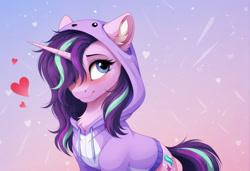 Size: 2104x1440 | Tagged: safe, imported from twibooru, starlight glimmer, pony, unicorn, abstract background, ai content, ai generated, blushing, chest fluff, clothes, cute, ear fluff, female, floating heart, generator:zoinksnoob, glimmerbetes, gradient background, hair over one eye, heart, hoodie, horn, image, looking sideways, mare, needs more jpeg, prompter:siber, solo