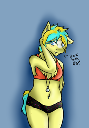 Size: 700x1000 | Tagged: safe, artist:dreamsdoodles, imported from derpibooru, oc, oc:dream baker, anthro, unicorn, belly, belly button, belly piercing, blushing, broken horn, ear piercing, female, female oc, horn, jewelry, necklace, piercing, solo, solo female, unicorn oc