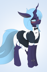 Size: 1600x2432 | Tagged: safe, artist:puginpocket, imported from derpibooru, oc, oc only, oc:nihea tamin, changeling, blue mane, blue tail, blushing, bowtie, changeling oc, clothes, cute, dress, grumpy, looking away, looking sideways, maid, male, male oc, purple changeling, solo, standing, tail