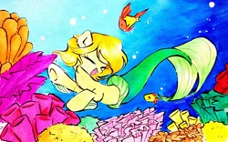 Size: 2853x1784 | Tagged: safe, artist:liaaqila, imported from derpibooru, oc, oc only, oc:golden sun, fish, merpony, complex background, coral, solo, traditional art