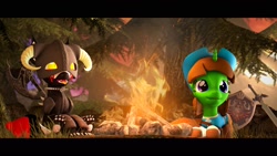 Size: 1920x1080 | Tagged: safe, artist:fallenponiesproduction, oc, oc only, pony, 3d, campfire, clothes, cute, duo, duo female, female, lying down, mare