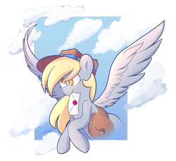 Size: 1280x1173 | Tagged: safe, artist:minty-cups, imported from derpibooru, derpy hooves, pegasus, pony, bag, cloud, colored pupils, food, hat, letter, mouth hold, muffin, passepartout, saddle bag, smiling, solo