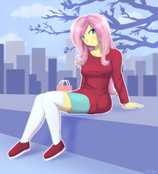 Size: 1200x1320 | Tagged: safe, artist:empyu, imported from derpibooru, fluttershy, human, equestria girls, breasts, clothes, shoes, sitting, socks, stockings, thigh highs, weather