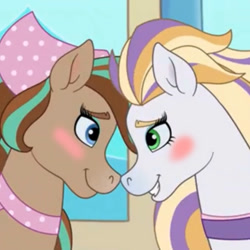 Size: 894x894 | Tagged: safe, artist:jadeharmony, edit, edited screencap, imported from derpibooru, screencap, horse, bandana, blushing, cocoa (wild manes), duo, duo female, eyeshadow, female, fincocoa, finley (wild manes), lesbian, looking at each other, looking at someone, makeup, mare, shipping, smiling, smiling at each other, wild manes