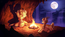 Size: 6400x3600 | Tagged: safe, artist:unt3n, imported from derpibooru, oc, oc only, anthro, deer, deer pony, hybrid, original species, pony, anthro with ponies, campfire, deer oc, duo, fire, furry, moon, night, non-pony oc