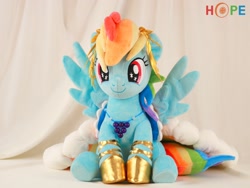 Size: 2048x1536 | Tagged: safe, artist:50kilosofhope, imported from derpibooru, rainbow dash, clothes, dress, gala dress, irl, photo, plushie, sitting, smiling, solo, spread wings, wings