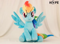 Size: 2048x1488 | Tagged: safe, artist:50kilosofhope, imported from derpibooru, rainbow dash, clothes, dress, gala dress, irl, photo, plushie, sitting, smiling, solo, spread wings, wings