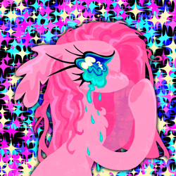 Size: 4000x4000 | Tagged: safe, artist:larvaecandy, imported from derpibooru, pinkie pie, earth pony, pony, abstract background, big eyes, blue eyes, blue sclera, chest fluff, colored sclera, colorful, crying, ear fluff, eyelashes, female, floppy ears, lineless, long ears, long eyelashes, mare, no mouth, pink coat, pink mane, pinkamena diane pie, print, profile, raised hooves, sad, shiny eyes, shiny mane, slender, solo, sparkles, sparkly background, straight mane, thin, wingding eyes