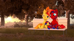 Size: 1920x1080 | Tagged: safe, artist:fallenponiesproduction, spitfire, oc, oc only, pony, 3d, bench, female, looking at each other, male, male and female, mare, sitting, stallion