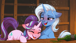 Size: 2560x1440 | Tagged: safe, imported from twibooru, starlight glimmer, trixie, pony, unicorn, ai content, ai generated, alcohol, blushing, bottle, cross-eyed, drunk, drunk bubbles, duo, eyes closed, female, generator:zoinksnoob, horn, hug, image, indoors, laughing, lidded eyes, mare, needs more jpeg, open mouth, prompter:siber