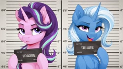 Size: 2560x1440 | Tagged: safe, imported from twibooru, starlight glimmer, trixie, pony, unicorn, ai content, ai generated, barbie mugshot meme, duo, ear fluff, female, frown, generator:zoinksnoob, hoof hold, horn, image, lidded eyes, looking at you, mare, meme, needs more jpeg, open mouth, open smile, prompter:siber, sign, smiling, unamused