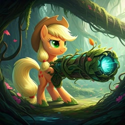 Size: 1024x1024 | Tagged: safe, generator:nightcafe ai, imported from twibooru, applejack, ai content, ai generated, generator:google imagen 3.0, gun, image, mage, needs more jpeg, plant, weapon