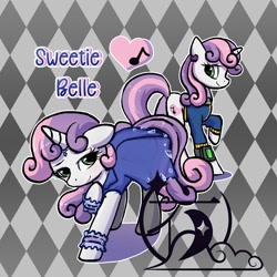 Size: 2000x2000 | Tagged: safe, artist:brella, imported from derpibooru, sweetie belle, pony, unicorn, fallout equestria, alternate cutie mark, clothes, dress, ear piercing, earring, fallout, female, horn, jewelry, jumpsuit, mare, older, older sweetie belle, piercing, pipboy, pipbuck, raised hoof, socks, solo, stockings, thigh highs, vault suit