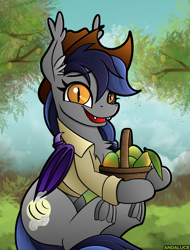 Size: 1300x1714 | Tagged: safe, artist:andaluce, imported from derpibooru, oc, oc:echo, bat pony, bat wings, chest fluff, clothes, cute, ear fluff, farmer, female, food, frog (hoof), fruit, fruit basket, happy, hat, looking at you, mango, mare, shirt, sitting, smiling, smiling at you, solo, tree, underhoof, wings