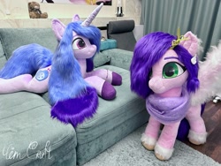 Size: 2560x1920 | Tagged: safe, artist:limecraft, imported from derpibooru, izzy moonbow, pipp petals, pegasus, pony, unicorn, clothes, couch, duo, duo female, female, fluffy, fluffy wings, g5, horn, indoors, irl, life size, lying down, mare, photo, plushie, prone, scarf, sploot, wings