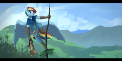 Size: 2000x1000 | Tagged: safe, artist:joan-grace, imported from derpibooru, rainbow dash, anthro, pegasus, unguligrade anthro, alternate hairstyle, alternate universe, boots, clothes, cloud, female, forest, mare, mountain, nature, pants, scenery, shirt, shoes, sky, solo, story in the source, story included, tree