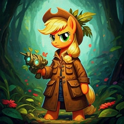 Size: 1024x1024 | Tagged: safe, generator:nightcafe ai, imported from twibooru, applejack, ai content, ai generated, generator:google imagen 3.0, gun, image, mage, needs more jpeg, plant, weapon