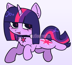 Size: 767x694 | Tagged: safe, artist:cutiesparke, imported from derpibooru, twilight sparkle, pony, unicorn, :3, alternate hairstyle, choker, cutie mark eyes, eyelashes, female, gradient background, horn, lightly watermarked, lying down, unicorn twilight, watermark, wingding eyes