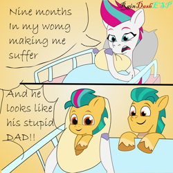 Size: 3000x3000 | Tagged: safe, artist:raindashesp, imported from derpibooru, hitch trailblazer, zipp storm, oc, earth pony, pegasus, pony, 2 panel comic, baby, baby pony, colt, comic, female, foal, g5, generation xerox, hitchzipp, male, meme, nine months in my womb making me suffer, parent:hitch trailblazer, parent:zipp storm, shipping, straight, trio