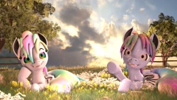 Size: 1920x1080 | Tagged: safe, artist:fallenponiesproduction, oc, oc only, pony, 3d, cute, duo, duo female, female, lying down, mare