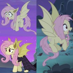 Size: 1280x1280 | Tagged: safe, artist:frankcrazy16, edit, edited screencap, imported from derpibooru, screencap, fluttershy, bat pony, bats!, scare master, season 4, season 5, bat ponified, collage, female, flutterbat, mare, my little pony, open mouth, race swap