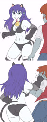 Size: 2767x7074 | Tagged: safe, artist:sumin6301, imported from derpibooru, rarity, rover, cat, human, equestria girls, 2 panel comic, absurd resolution, alternate hairstyle, ass, bell, bell collar, belly, belly button, belly piercing, bra, breasts, busty rarity, butt, cat bell, catgirl, cleavage, clothes, collar, comic, duo, duo male and female, female, gloves, grin, lipstick, long gloves, male, panties, piercing, punch, raricat, rearity, simple background, smiling, socks, solo focus, thigh highs, underwear, white background