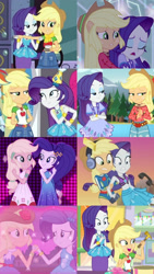 Size: 1280x2273 | Tagged: safe, artist:frankcrazy16, edit, edited screencap, imported from derpibooru, screencap, applejack, rarity, human, equestria girls, fomo, i'm on a yacht, street chic, spoiler:eqg series (season 2), applejack's hat, collage, cowboy hat, fall formal outfits, female, hat, headphones, holding hands, my little pony equestria girls, my little pony equestria girls: better together, my little pony equestria girls: legend of everfree, party hat, rarity peplum dress, rarity's blue sarong, rarity's purple bikini, shipping fuel