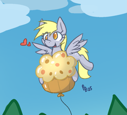 Size: 801x725 | Tagged: safe, artist:ponballoon, imported from derpibooru, derpy hooves, background, balloon, flying, food, heart, muffin, smiling, solo, spread wings, wings