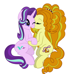 Size: 1986x2048 | Tagged: safe, anonymous artist, derpibooru exclusive, imported from derpibooru, adagio dazzle, starlight glimmer, pony, unicorn, 2025, base used, cheek kiss, duo, eyes closed, female, holding hoof, horn, kissing, lesbian, one eye closed, open mouth, open smile, raised hoof, rarepair, shipping, simple background, sitting, smiling, stardagio, unicorn adagio dazzle, white background