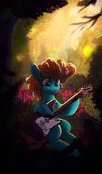 Size: 2260x3840 | Tagged: safe, artist:hierozaki, imported from derpibooru, oc, oc only, oc:melodybrony, earth pony, pony, dexterous hooves, electric guitar, flower, forest, guitar, high res, musical instrument, nature, outdoors, sitting, smiling, solo, tree