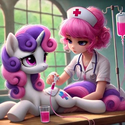 Size: 1024x1024 | Tagged: safe, imported from twibooru, sweetie belle, human, ai content, catheter, doctor, generator:bing image creator, image, needs more jpeg, nurse, prompter:anksk