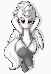 Size: 2017x2947 | Tagged: safe, artist:pabbley, imported from derpibooru, spitfire, pegasus, pony, clothes, female, grayscale, hooves behind head, latex, latex socks, lidded eyes, mare, monochrome, neo noir, overhead view, partial color, simple background, socks, solo, thighs, thunder thighs, uniform, white background, wide hips, wonderbolt trainee uniform