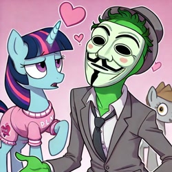 Size: 1024x1024 | Tagged: safe, imported from twibooru, twilight sparkle, oc, oc:anon, human, ai content, duo, generator:bing image creator, guy fawkes mask, image, meds, needs more jpeg, prompter:anksk