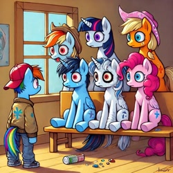 Size: 1024x1024 | Tagged: safe, imported from twibooru, applejack, pinkie pie, rainbow dash, twilight sparkle, oc, semi-anthro, ai content, bench, child, clothes, generator:bing image creator, hat, image, jeans, looking at each other, needs more jpeg, pants, prompter:anksk, stare, vest