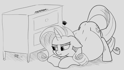 Size: 1374x781 | Tagged: safe, artist:thenypod4, imported from derpibooru, rarity, pony, unicorn, annoyed, ass up, belly, belly on floor, bent over, big belly, drawer, emanata, face down ass up, female, frown, horn, leaning, mare, monochrome, preggity, pregnant, simple background, sketch, thread, white background, wide load