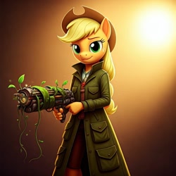 Size: 1024x1024 | Tagged: safe, generator:nightcafe ai, imported from twibooru, applejack, ai content, ai generated, generator:google imagen 3.0, gun, image, mage, needs more jpeg, plant, weapon