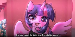 Size: 1142x560 | Tagged: safe, artist:petaltwinkle, imported from derpibooru, cozy glow, twilight sparkle, alicorn, pegasus, pony, unicorn, angry, book, clothes, comic, fangs, female, filly, foal, grin, horn, indoors, looking at you, mare, mask, meme, pink guards, player 456 (squid game), ponified, ponified meme, seong gi-hun, shirt, signature, smiling, solo focus, spoilers for another series, squid game, squid game 2, text, tracksuit, twilight sparkle (alicorn), wings